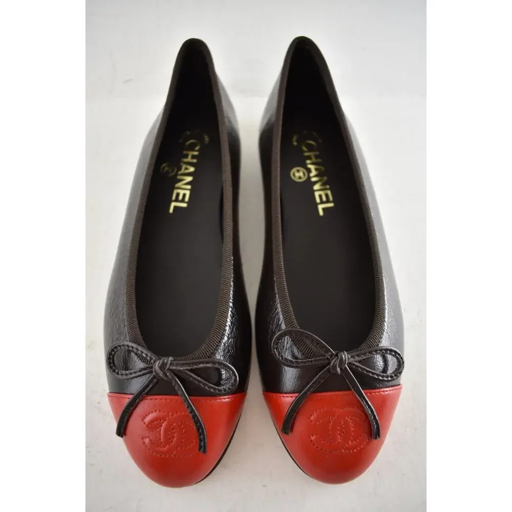 Chanel 26S Dark Brown Red Leather CC Logo Cap Classic Ballet Ballerina Flat 39 - Picture 3 of 16